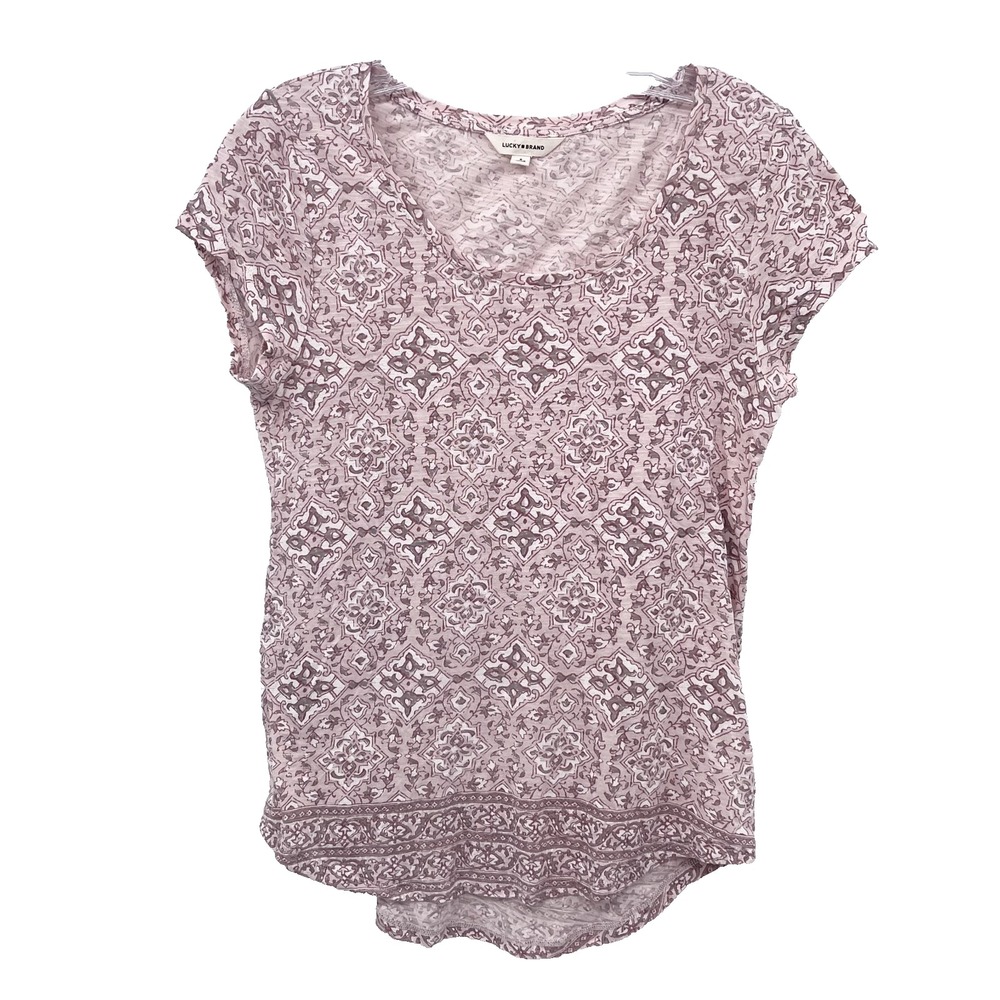 LUCKY BRAND Women's Sz S Light Pink Print Cap-Sleeve Round Neck Lightweight Top